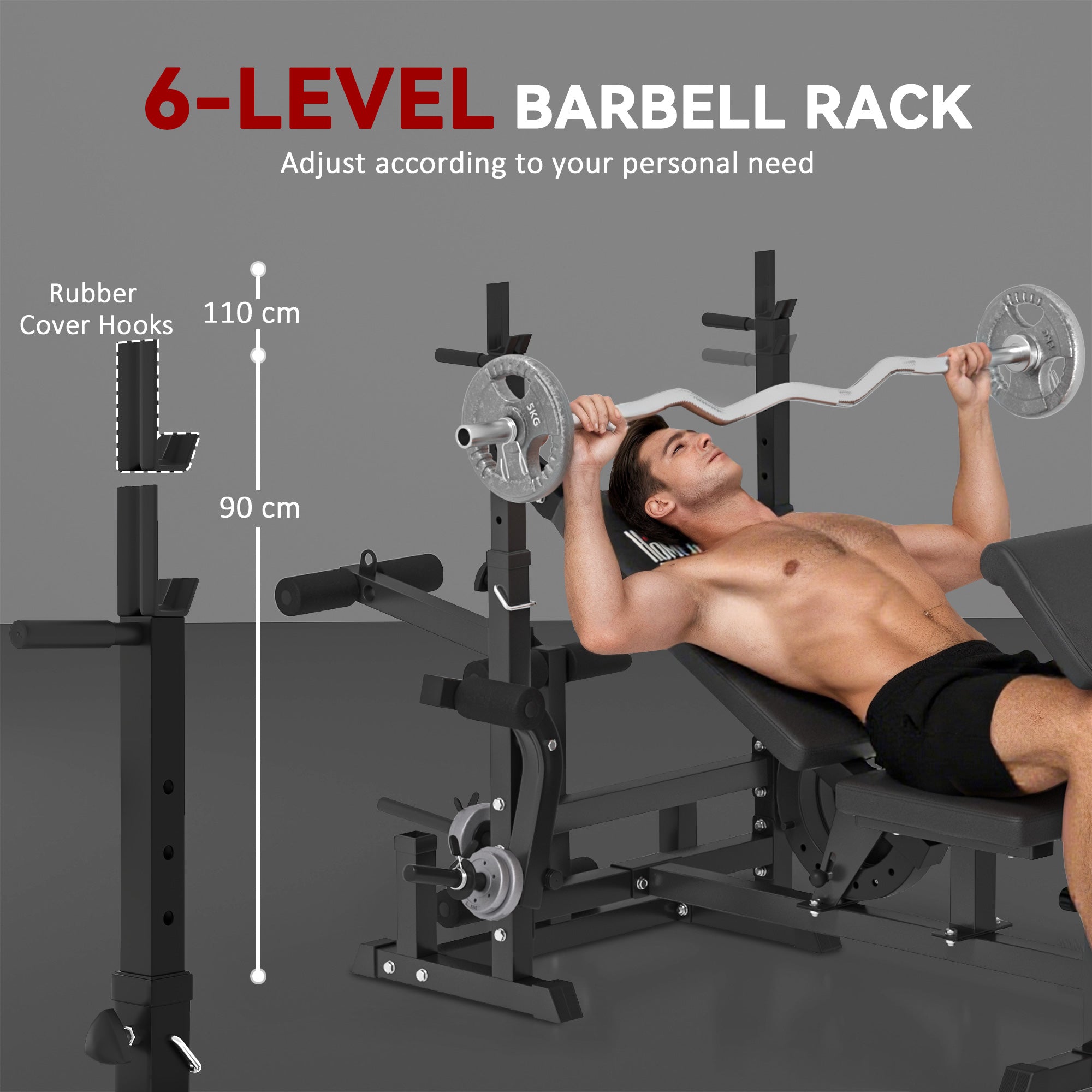 Weight Bench, 6 In 1 Adjustable Bench Press With Leg Extension, Barbell Rack, Preacher Curl Pad, Resistance Band, Multi-Function Home Gym Equipment For Strength Training Weightlifting